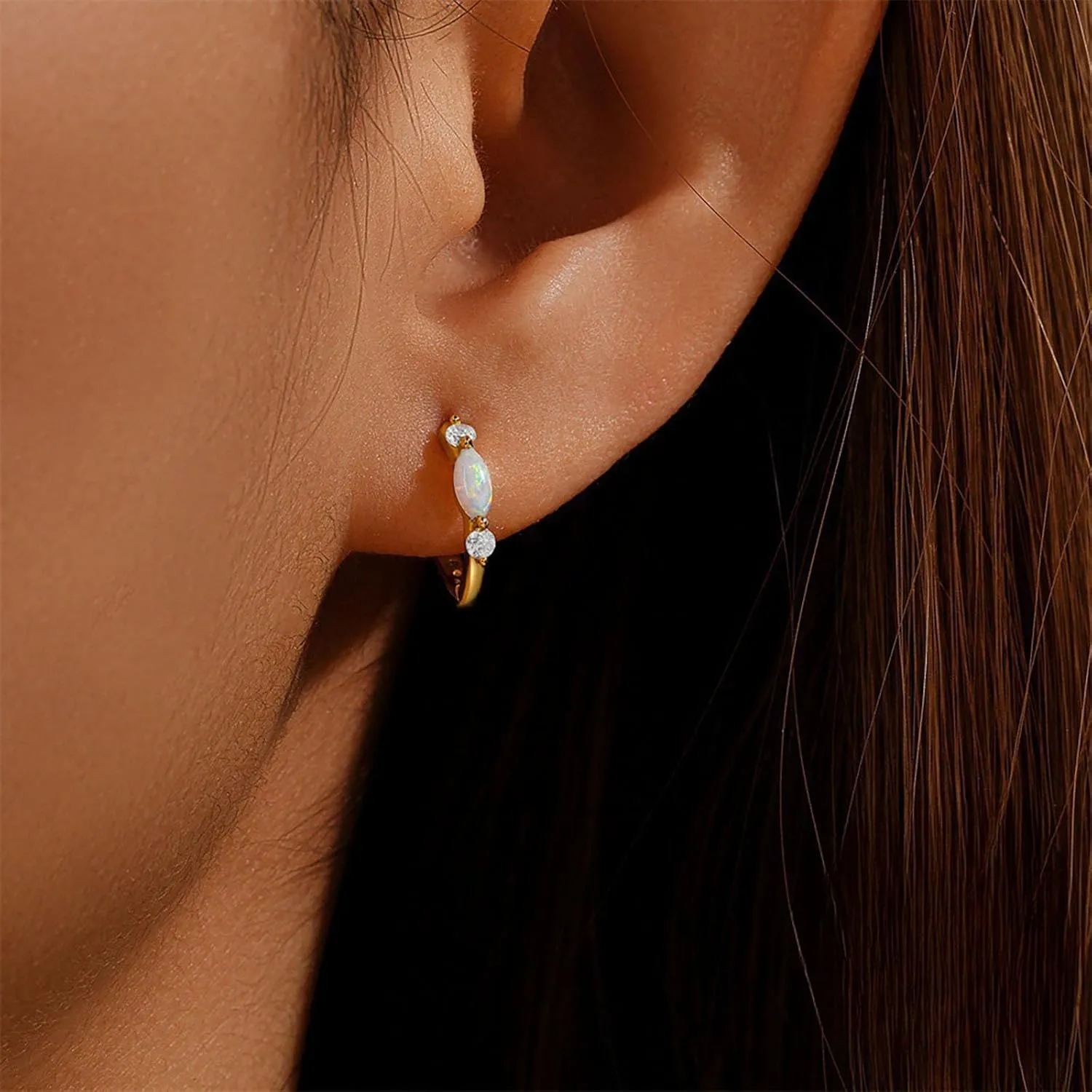 Gold Opal Huggie Earrings for Women, Minimalist Small Hoop Earrings with Zircons