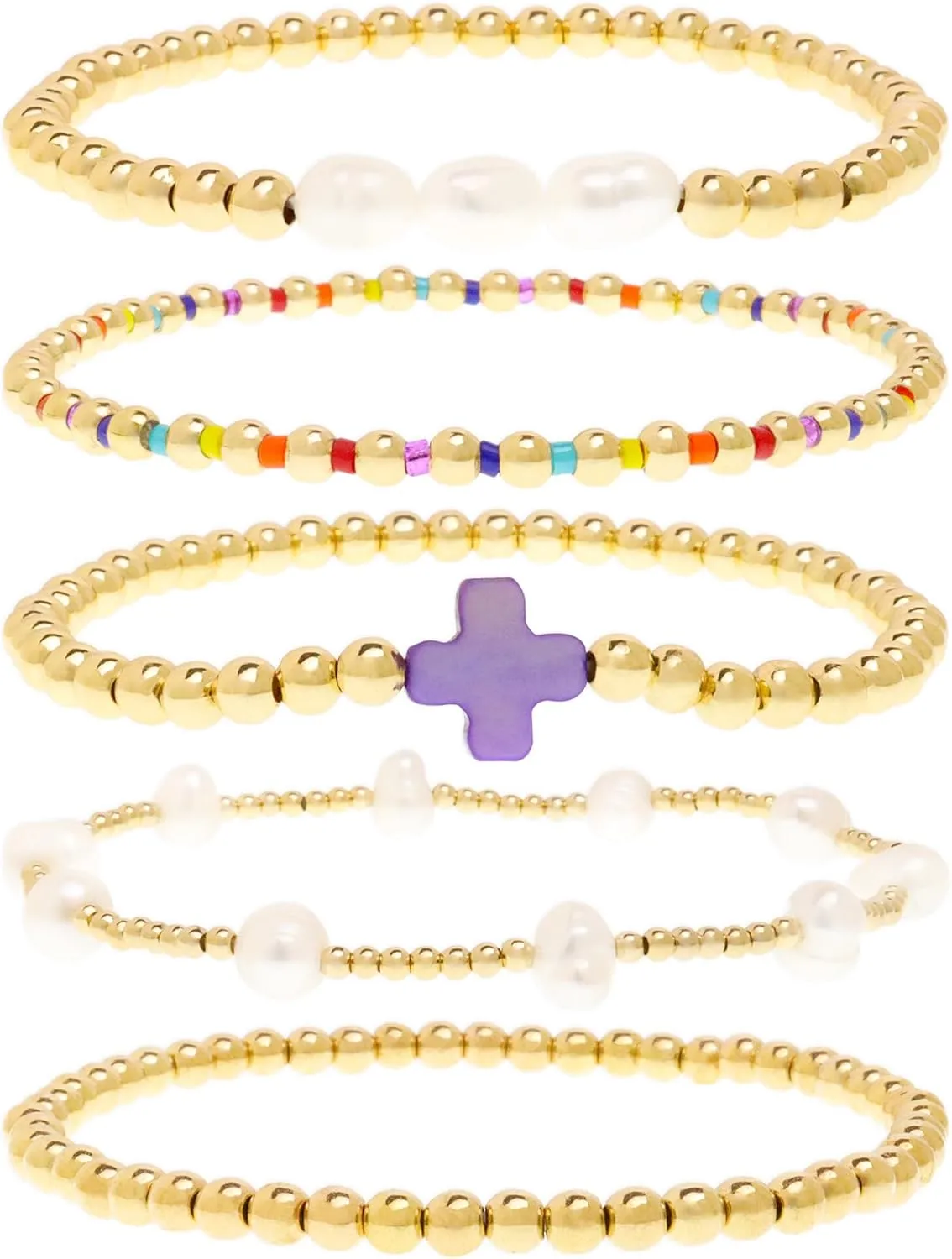 Gold Pearl Beaded Cross Bracelets Stack Set for Women, Boho Handmade Colorful Small Beads Stretchable Jewelry Friendship Summer Trendy Gift.