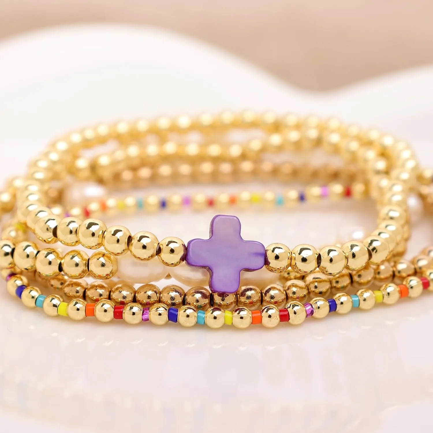 Gold Pearl Beaded Cross Bracelets Stack Set for Women, Boho Handmade Colorful Small Beads Stretchable Jewelry Friendship Summer Trendy Gift.