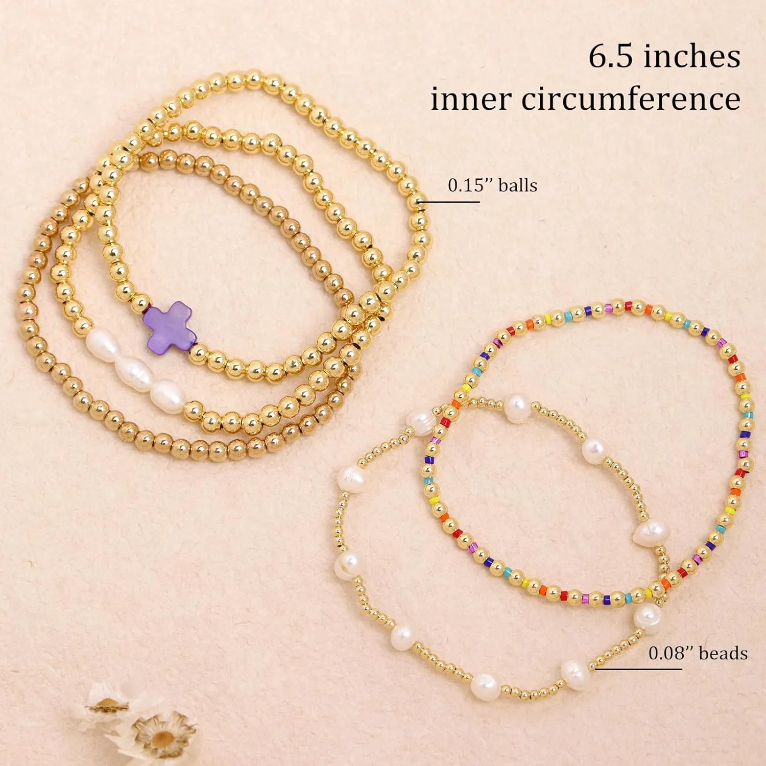 Gold Pearl Beaded Cross Bracelets Stack Set for Women, Boho Handmade Colorful Small Beads Stretchable Jewelry Friendship Summer Trendy Gift.