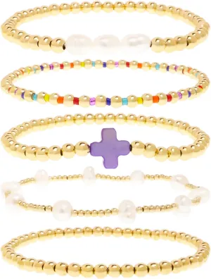 Gold Pearl Beaded Cross Bracelets Stack Set for Women, Boho Handmade Colorful Small Beads Stretchable Jewelry Friendship Summer Trendy Gift.