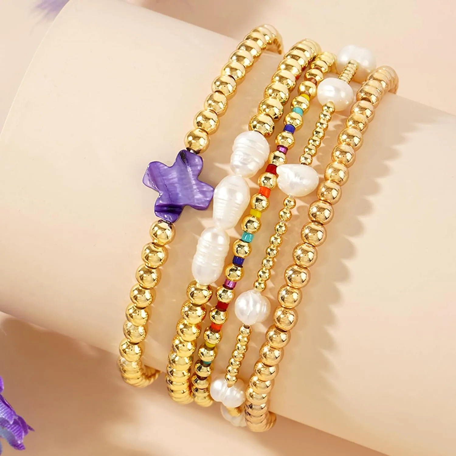 Gold Pearl Beaded Cross Bracelets Stack Set for Women, Boho Handmade Colorful Small Beads Stretchable Jewelry Friendship Summer Trendy Gift.