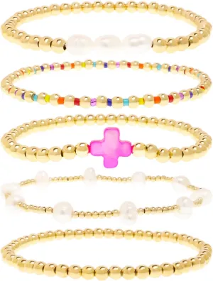 Gold Pearl Beaded Cross Bracelets Stack Set for Women, Boho Handmade Colorful Small Beads Stretchable Jewelry Friendship Summer Trendy Gift.