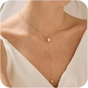 Gold Pearl Necklace for Women, Dainty Lariat Necklace 14k Gold Plated Layered pearl Y-Shaped Pendant Necklaces Simple Gold Drop Choker Necklace for Women Trendy Gold Jewelry for Women Gifts