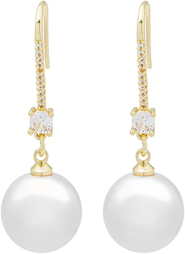 Gold Plated Copper Pearl Drop Hook Earrings, Circle Zircon Dangle Earrings, Birthday Gift for Women