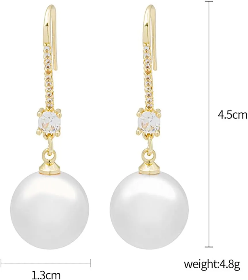 Gold Plated Copper Pearl Drop Hook Earrings, Circle Zircon Dangle Earrings, Birthday Gift for Women