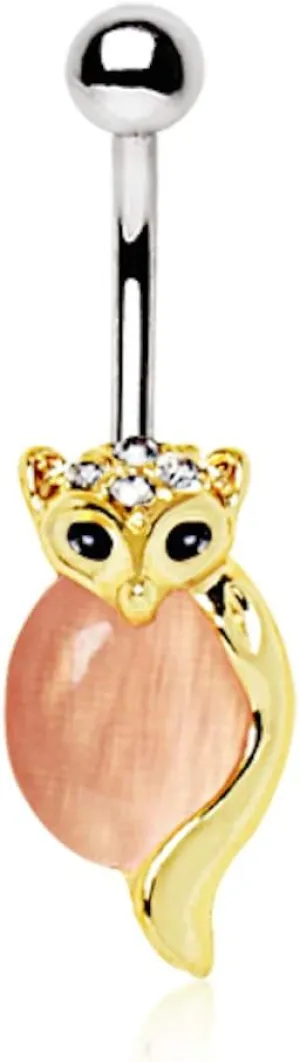 Gold Plated Navel Ring with Jeweled Fox Holding Cat's Eye Stone