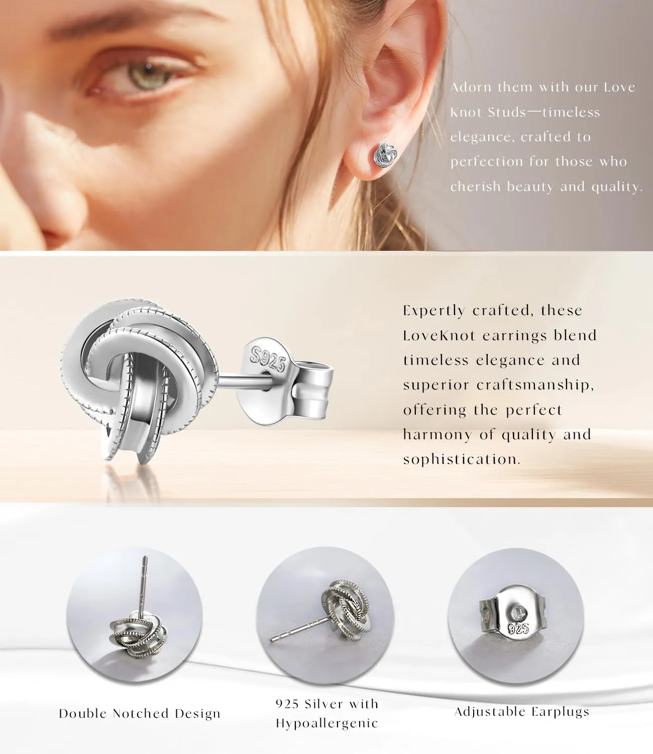 Gold Plated Sterling Silver Studs Love Knot Earrings For Women | Hypoallergenic & Nickle Free Jewelry for Sensitive Ears