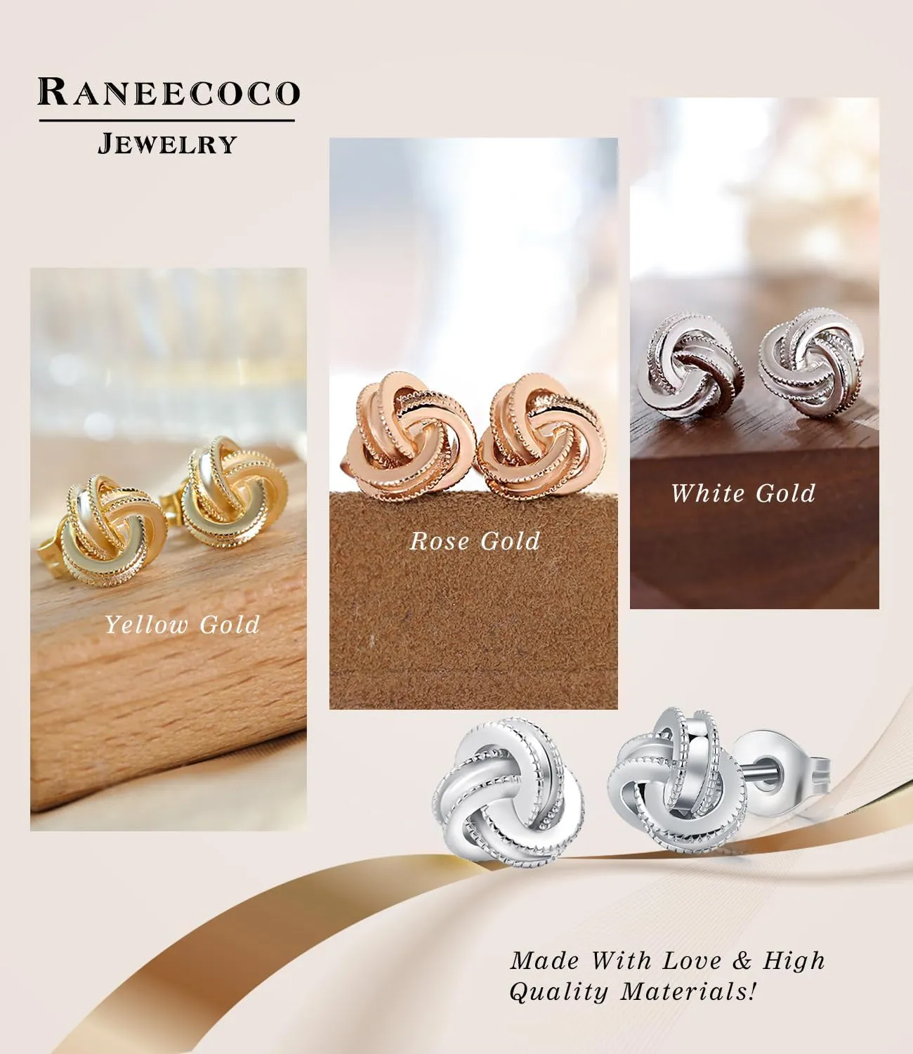 Gold Plated Sterling Silver Studs Love Knot Earrings For Women | Hypoallergenic & Nickle Free Jewelry for Sensitive Ears