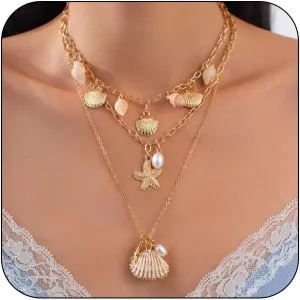 Gold Starfish Sea Shell Necklace for Women Layered Charm Pendant Necklace Beaded Pearl Chain Surfer Jewelry Gifts Boho Summer Beach Starfish Ocean Jewelry