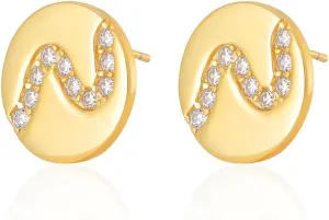 Gold Stud Earrings for Women Wavy Circular Shape Pave 6A CZ Disc 18K Gold Plated 925 Sterling Silver Hypoallergenic Flat Post Earring Jewelry Gifts for Her