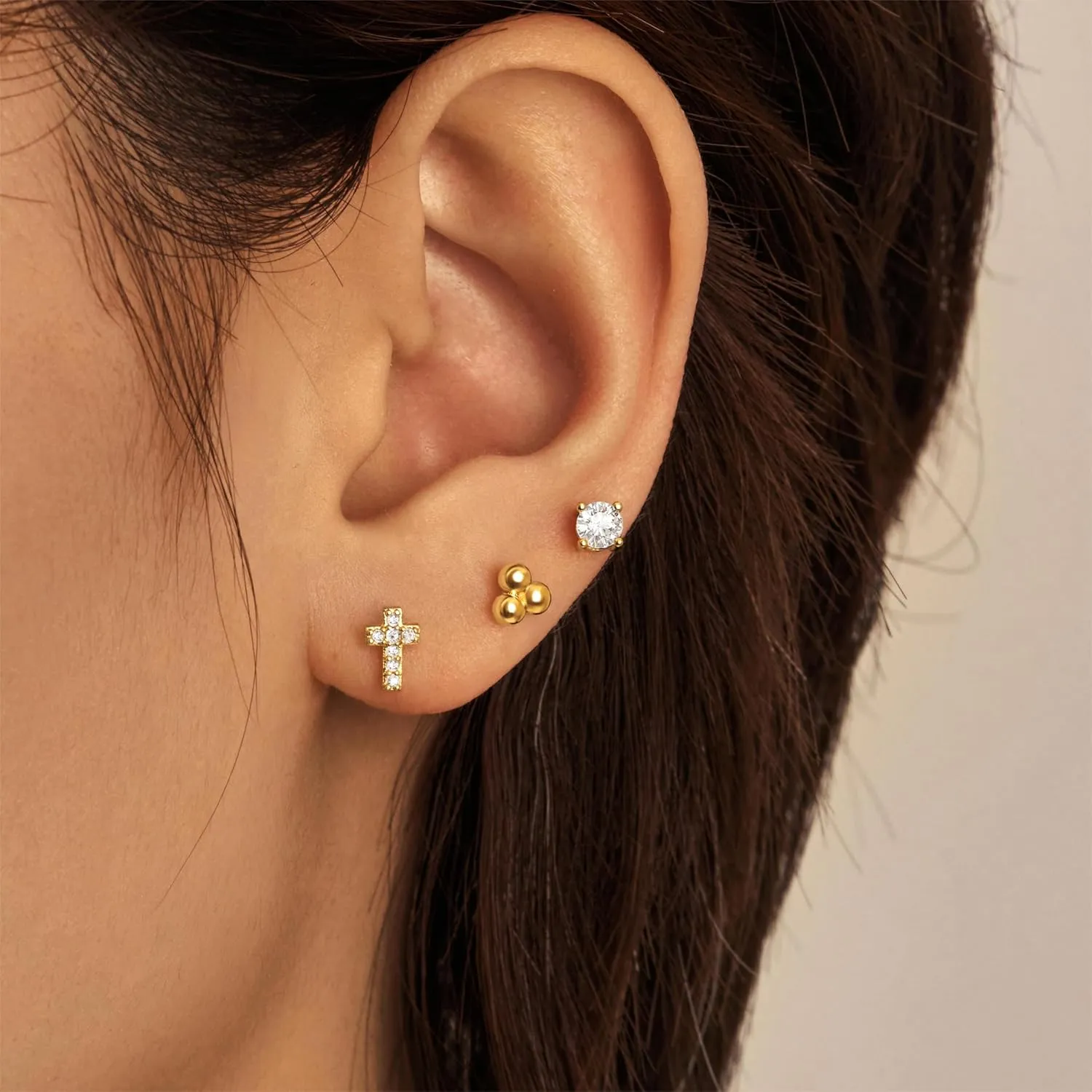 Gold Stud Earrings Set for Women, Trendy Cross Earrings 3 Pairs for Multiple Piercing Sensitive Ears, Hypoallergenic Dainty Earrings with 14k Gold Plated Jewelry Gift, Mothers Day Jewelry Gifts for Mom