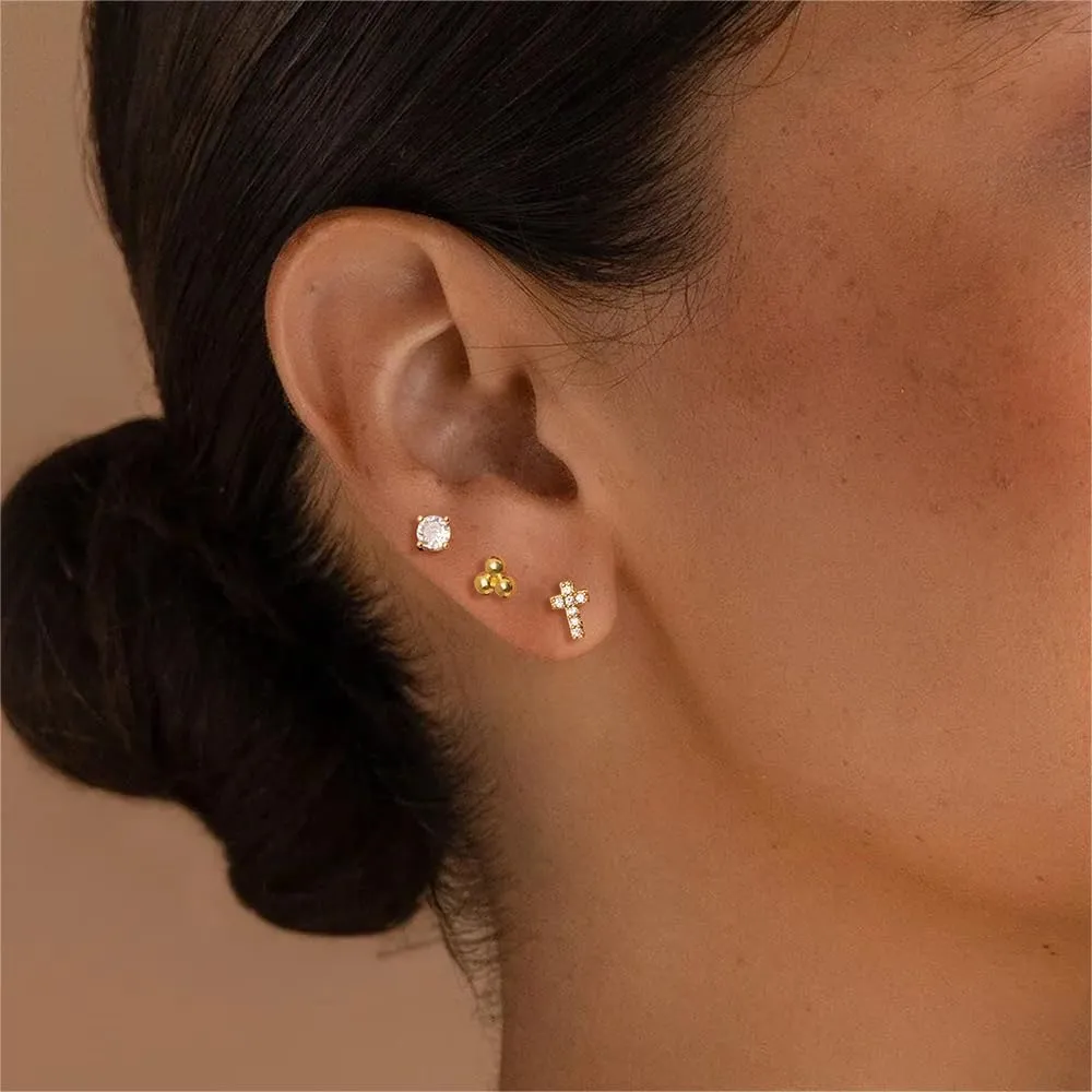 Gold Stud Earrings Set for Women, Trendy Cross Earrings 3 Pairs for Multiple Piercing Sensitive Ears, Hypoallergenic Dainty Earrings with 14k Gold Plated Jewelry Gift, Mothers Day Jewelry Gifts for Mom