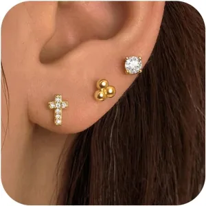 Gold Stud Earrings Set for Women, Trendy Cross Earrings 3 Pairs for Multiple Piercing Sensitive Ears, Hypoallergenic Dainty Earrings with 14k Gold Plated Jewelry Gift, Mothers Day Jewelry Gifts for Mom
