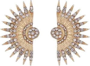 Gold Tone Art Deco Antique Vintage Style Flapper Fan Wings Rhinestone Wedding Bridal Prom Statement Earrings