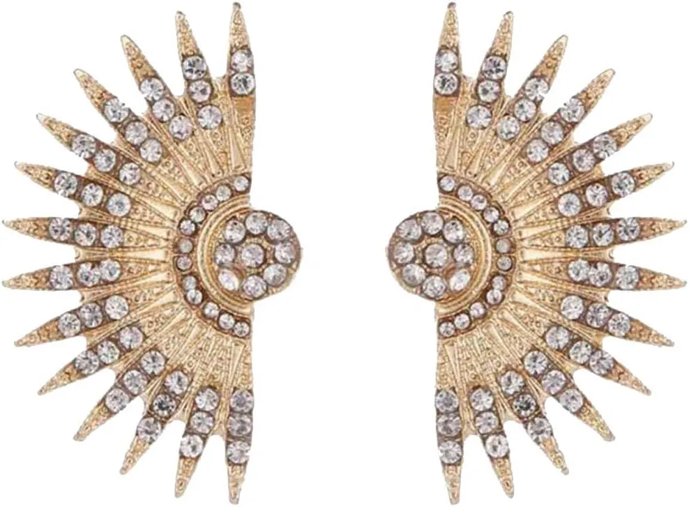 Gold Tone Art Deco Antique Vintage Style Flapper Fan Wings Rhinestone Wedding Bridal Prom Statement Earrings