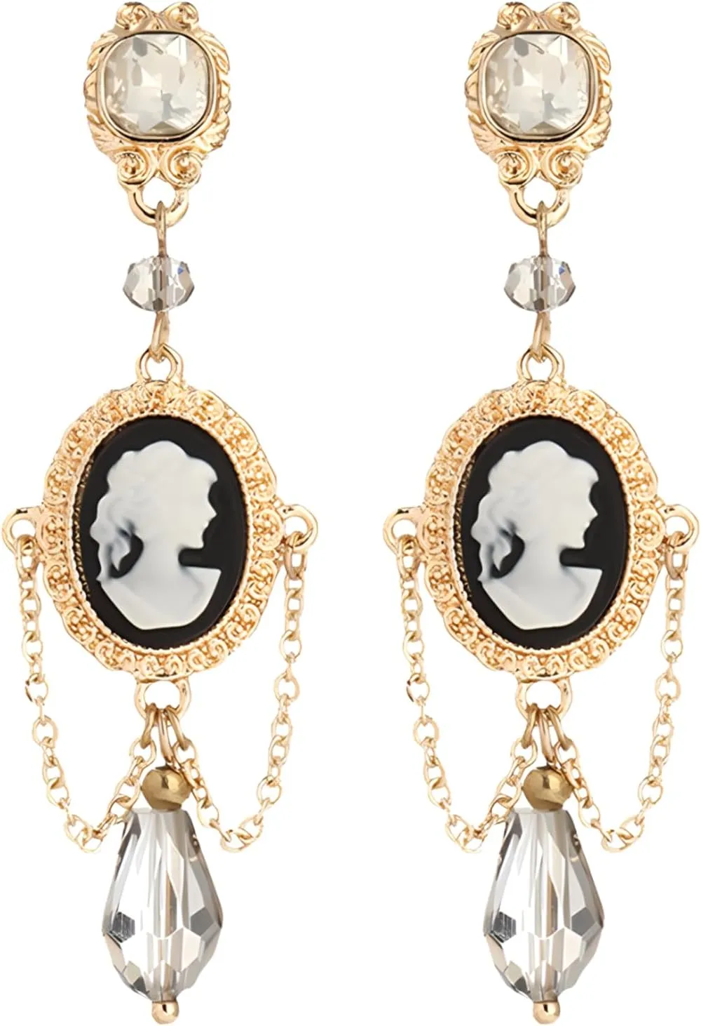 Gold Tone Cameo Earrings, Vintage Jewelry Victorian Art Deco Antique Crystal Faux Pearl Cameo Drop Post Earrings