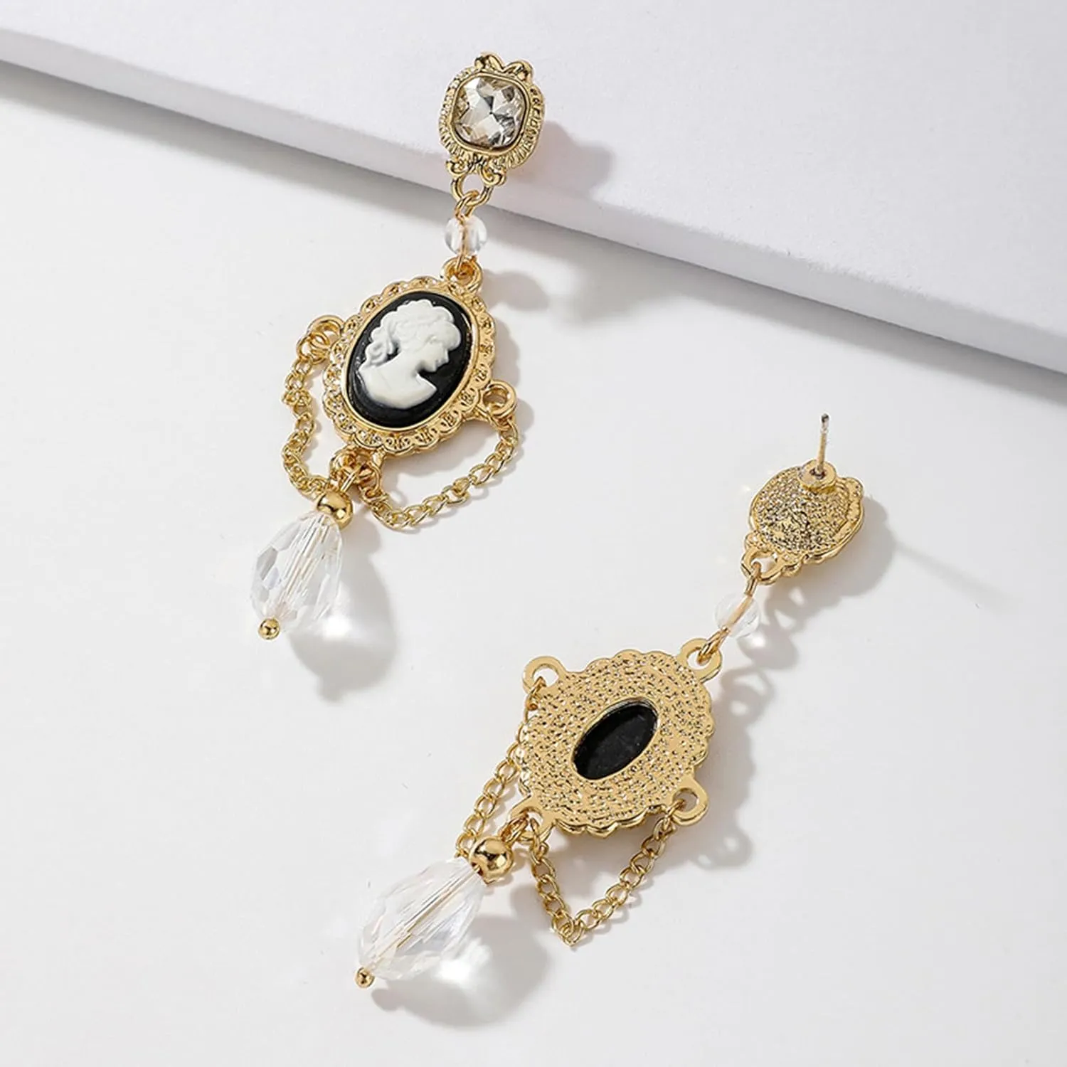 Gold Tone Cameo Earrings, Vintage Jewelry Victorian Art Deco Antique Crystal Faux Pearl Cameo Drop Post Earrings