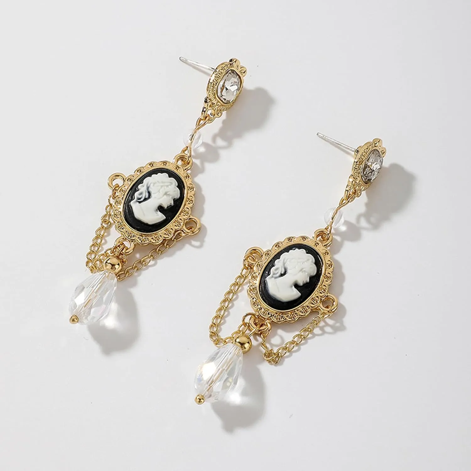 Gold Tone Cameo Earrings, Vintage Jewelry Victorian Art Deco Antique Crystal Faux Pearl Cameo Drop Post Earrings