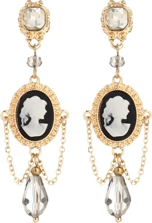 Gold Tone Cameo Earrings, Vintage Jewelry Victorian Art Deco Antique Crystal Faux Pearl Cameo Drop Post Earrings