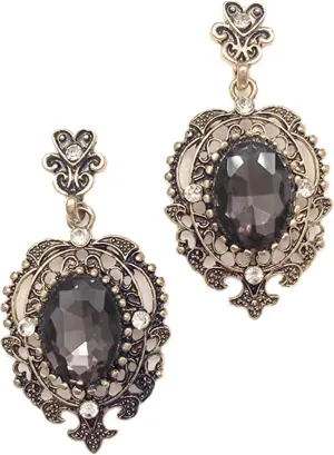 Gold Tone Victorian Art Deco Antique Vintage Retro Style Grey Smoky Gray Topaz Rhinestone Dangle Earrings