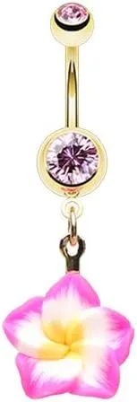 Golden Aloha Hibiscus Flower Gem Cubic Zirconia Navel Dangle Belly Button Ring