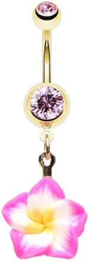 Golden Aloha Hibiscus Flower Gem Cubic Zirconia Navel Dangle Belly Button Ring