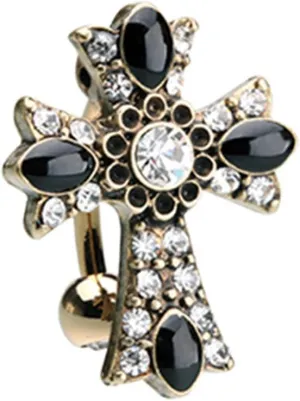 Golden Antique Cross Drop Top Reverse WildKlass Belly Button Ring (Clear)