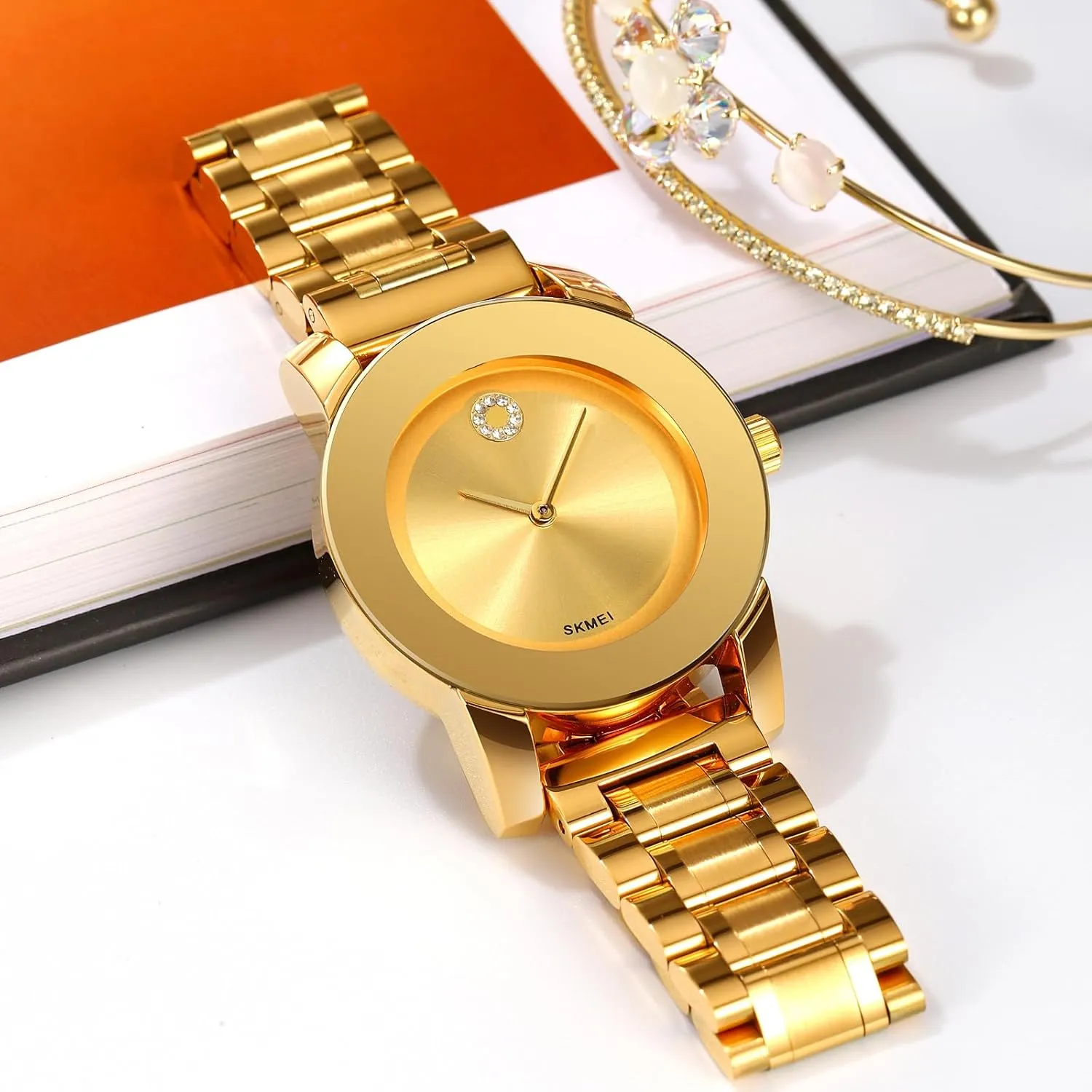 Gosasa Elegant Unisex Stainless Steel Waterproof Quartz Watch with Diamond Accents - Minimalist Luxury Business Casual Wrist Watch for Men and Women