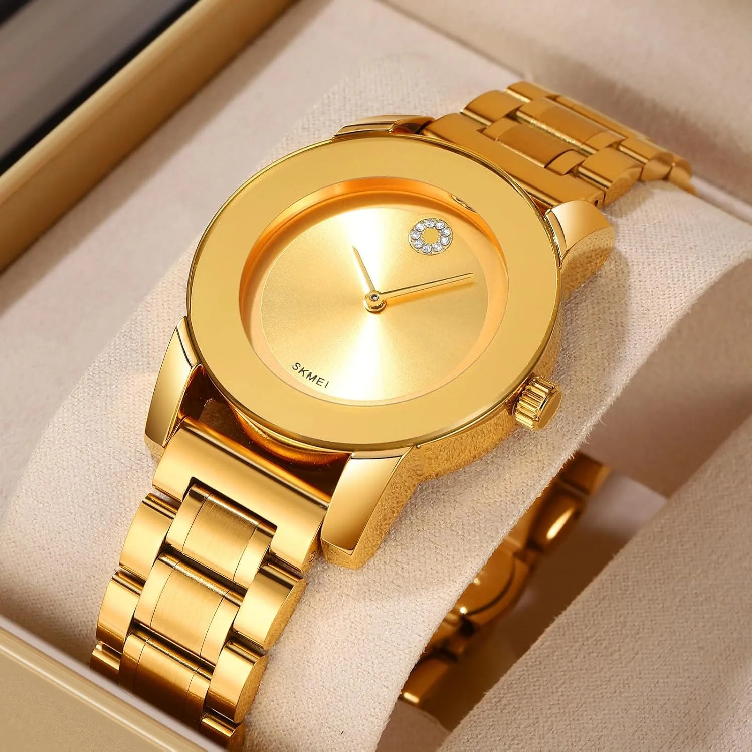 Gosasa Elegant Unisex Stainless Steel Waterproof Quartz Watch with Diamond Accents - Minimalist Luxury Business Casual Wrist Watch for Men and Women