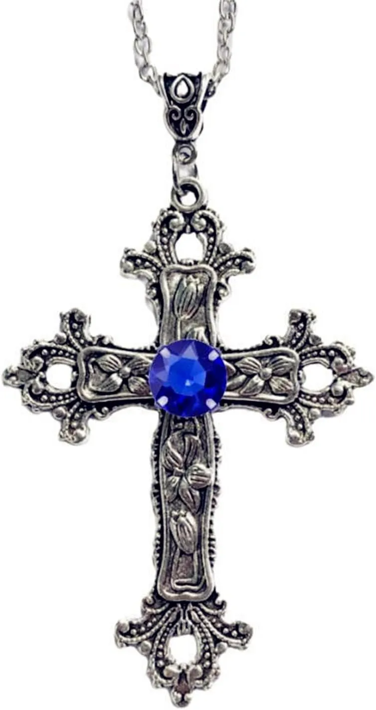 Gothic Cross Pendant Necklace Antiqued Silver Goth Punk Holy Cross Carved Flower Chic Black Crystal Rhinestone Christian Large Chain Necklace for Women Men Y2K Halloween Party Fashion Jewelry Gifts
