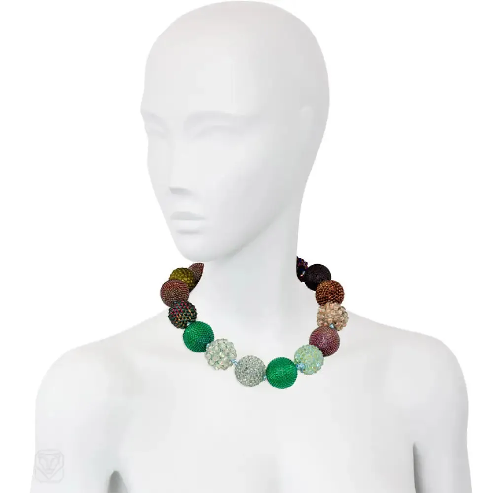 Green, plum luster, bronze and purple glass and crystal beaded necklace