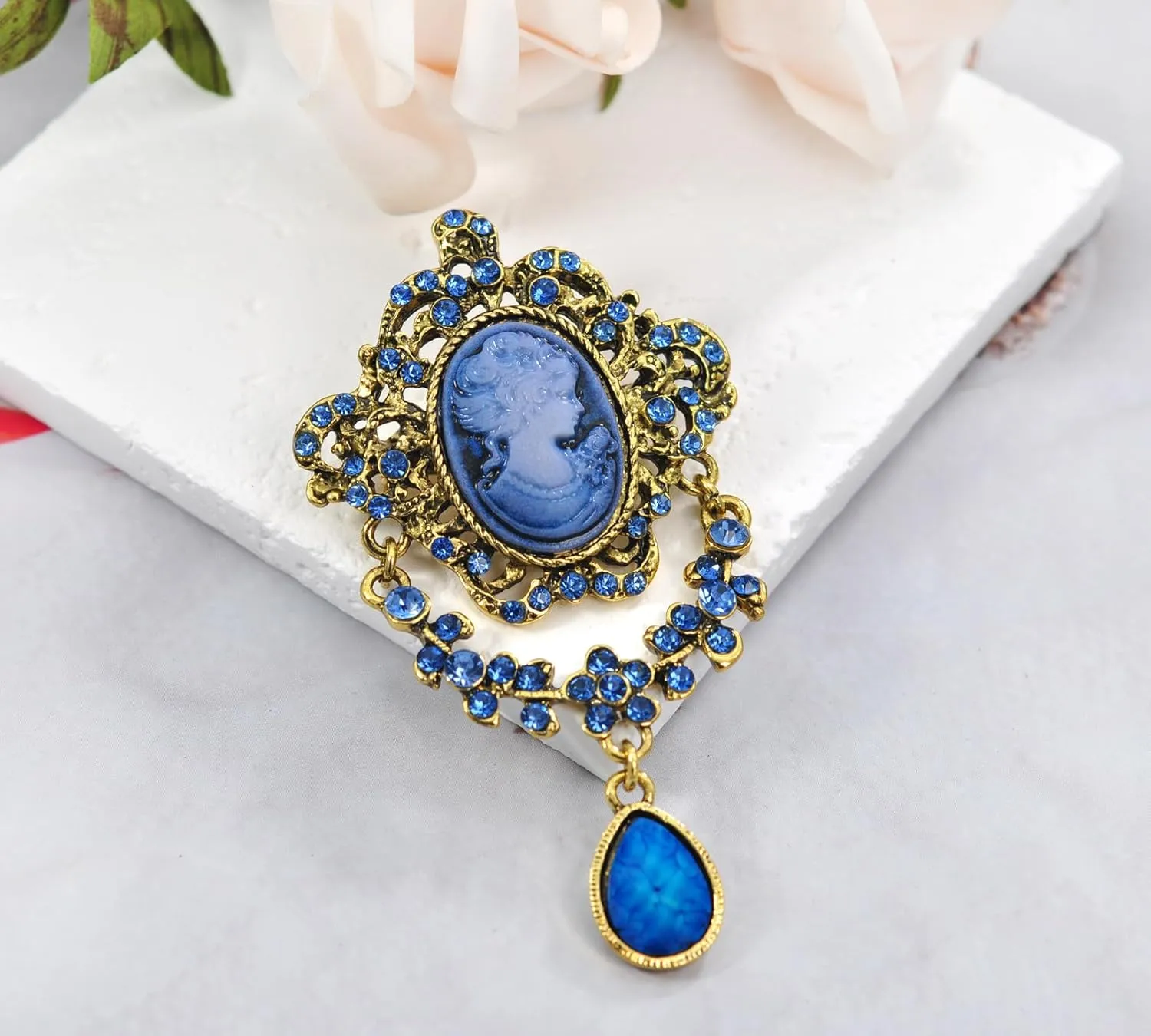 Gyn&Joy Antique Blue Rhinestones Cameo Brooch Pin