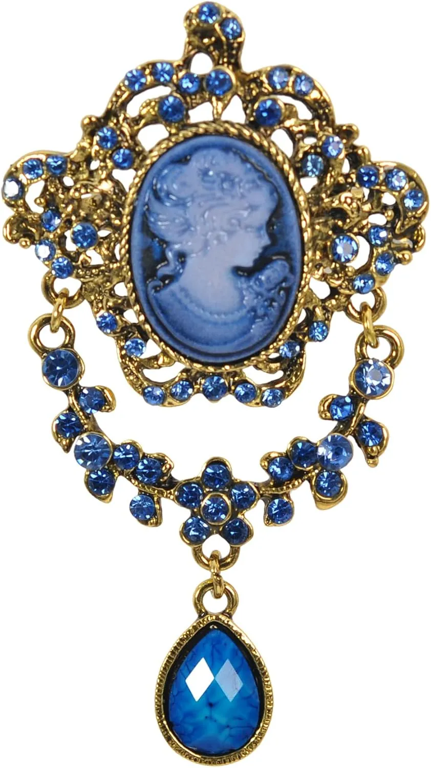 Gyn&Joy Antique Blue Rhinestones Cameo Brooch Pin