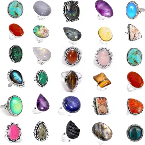 Handmade 10 Pcs Adjustable and Stackable Gemstone Ring Set for Women, Silver Plated Fashion Boho Knuckle Rings, Vintage Gothic Statement Jewelry Gift Pack