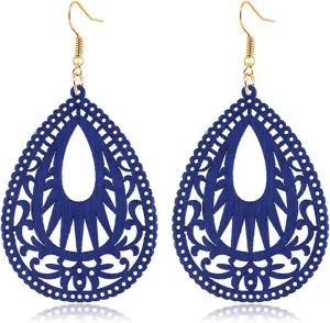 Handmade Bohemian Geometric Wood Earrings for Women Vintage Bohemian African Nature Wooden Earrings Lightweight Hollow Teardrop Ethnic Fashion Statement Earring