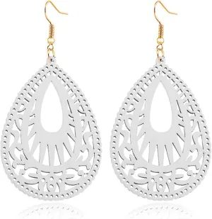 Handmade Bohemian Geometric Wood Earrings for Women Vintage Bohemian African Nature Wooden Earrings Lightweight Hollow Teardrop Ethnic Fashion Statement Earring