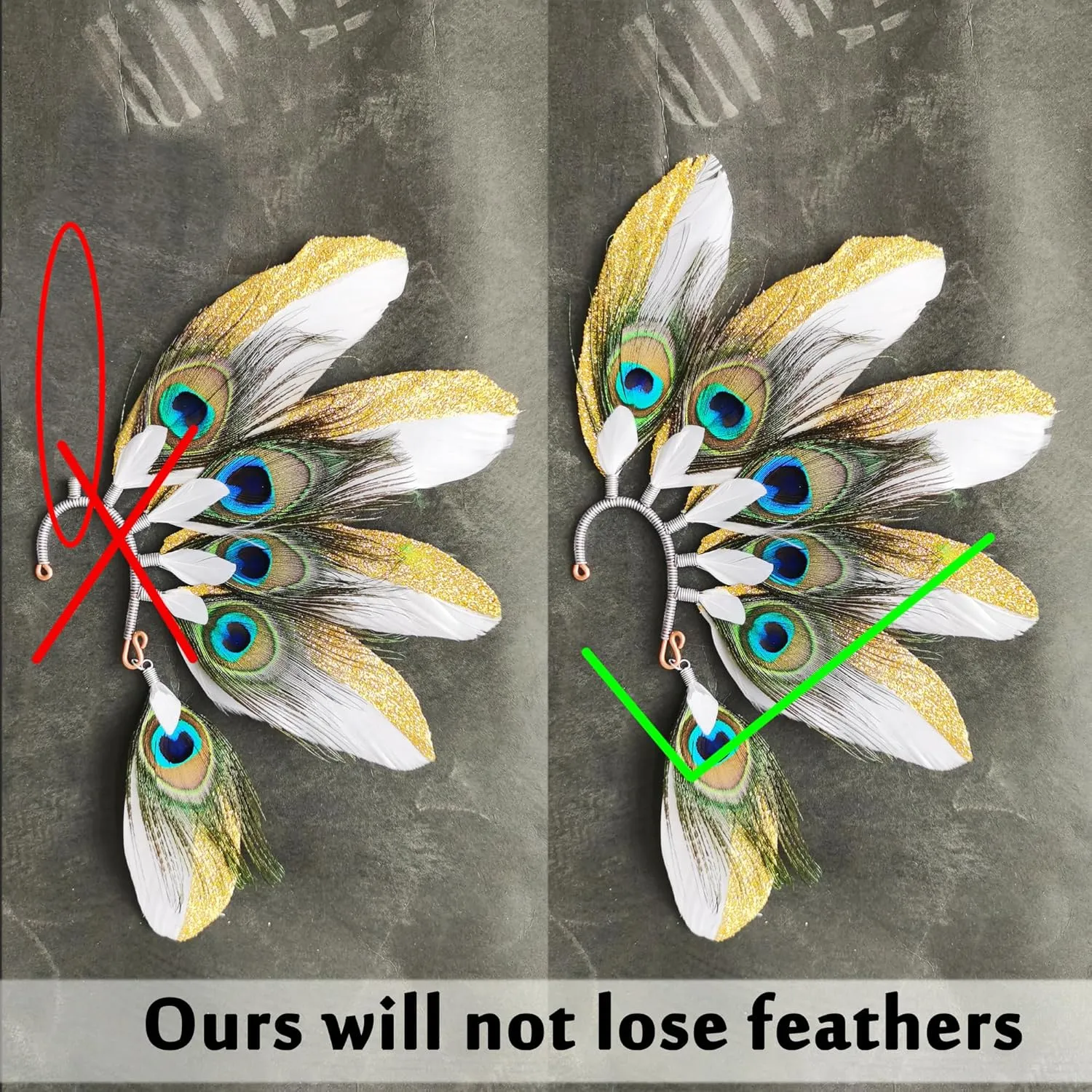 Handmade Bohemian Peacock feather headdress Ear Cuff,Feather Earrings,Ear Wrap,American Indian style feather ear cuff,Bohemian festival hairleft ear