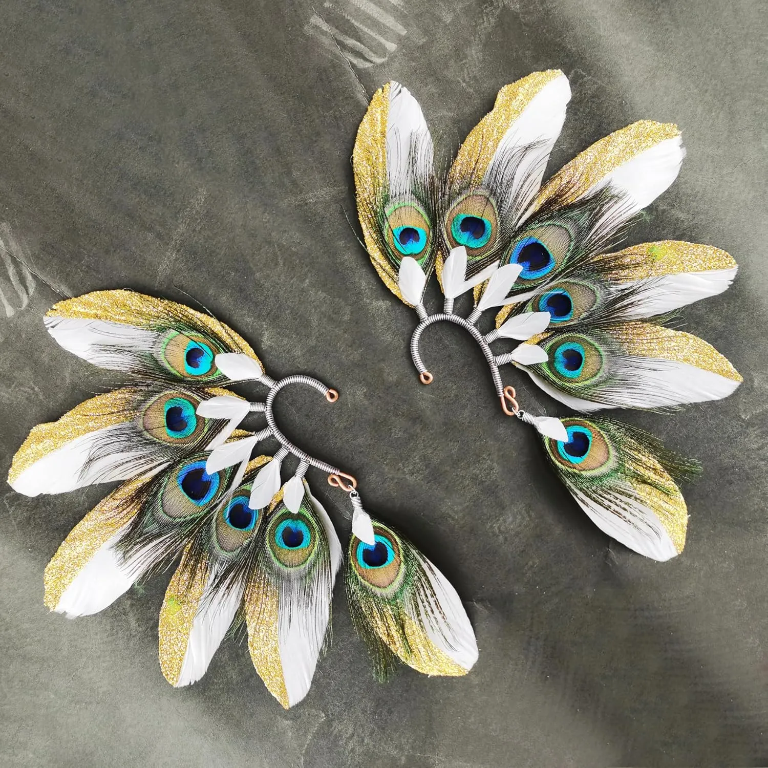 Handmade Bohemian Peacock feather headdress Ear Cuff,Feather Earrings,Ear Wrap,American Indian style feather ear cuff,Bohemian festival hairleft ear