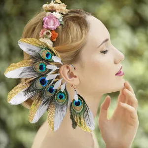 Handmade Bohemian Peacock feather headdress Ear Cuff,Feather Earrings,Ear Wrap,American Indian style feather ear cuff,Bohemian festival hairleft ear
