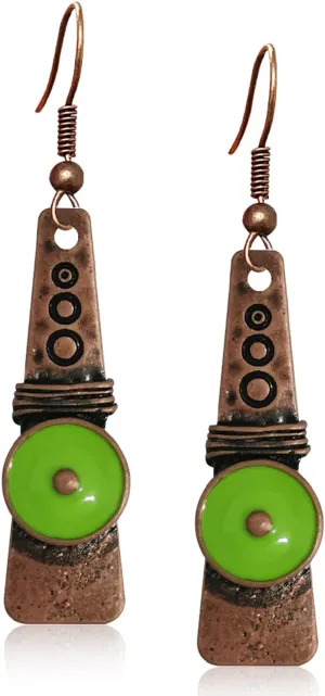 Handmade Bohemian Vintage Creative Bar Red Copper Dangle Drop Earrings Unique Retro Boho Green Purple Geometry Enamel Hook Earrings for Women Statement Jewelry Gifts