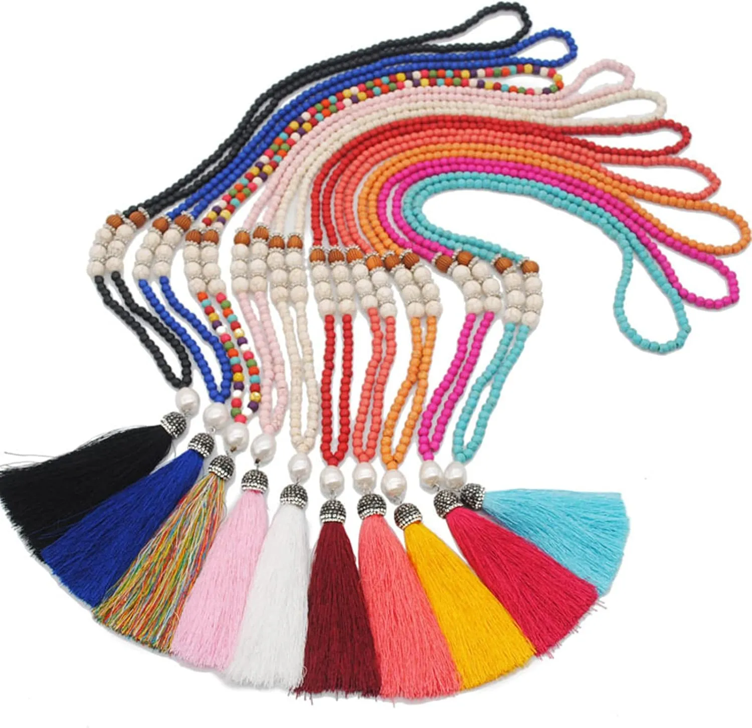 Handmade Multicolor Long Tassel Fringe Pendant Necklace Turquoise Pearl Crystal Mala Beads Link Chain Necklace for Women Ethnic Boho Prayer Jewelry
