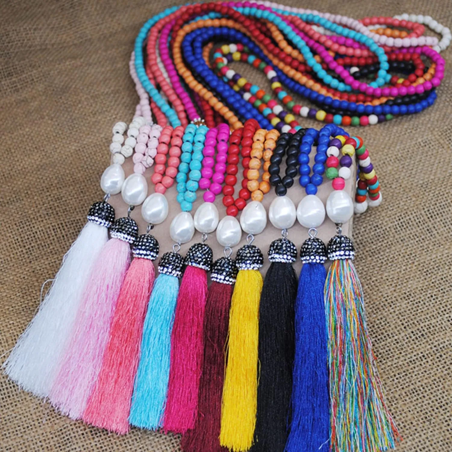 Handmade Multicolor Long Tassel Fringe Pendant Necklace Turquoise Pearl Crystal Mala Beads Link Chain Necklace for Women Ethnic Boho Prayer Jewelry