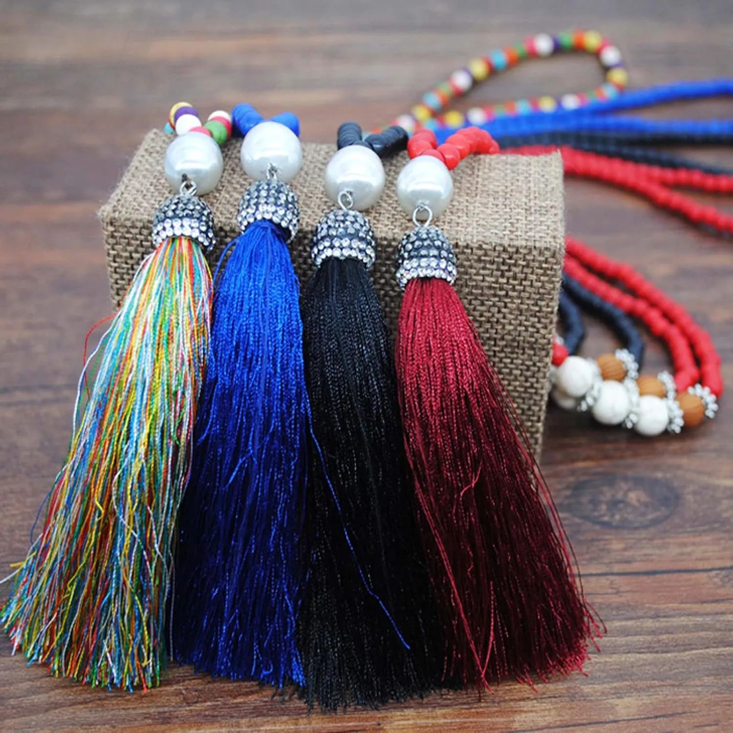 Handmade Multicolor Long Tassel Fringe Pendant Necklace Turquoise Pearl Crystal Mala Beads Link Chain Necklace for Women Ethnic Boho Prayer Jewelry