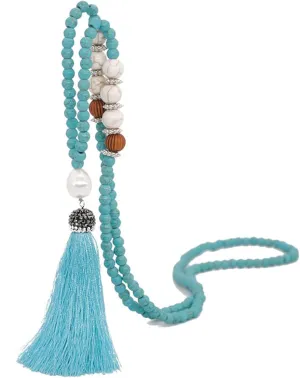 Handmade Multicolor Long Tassel Fringe Pendant Necklace Turquoise Pearl Crystal Mala Beads Link Chain Necklace for Women Ethnic Boho Prayer Jewelry