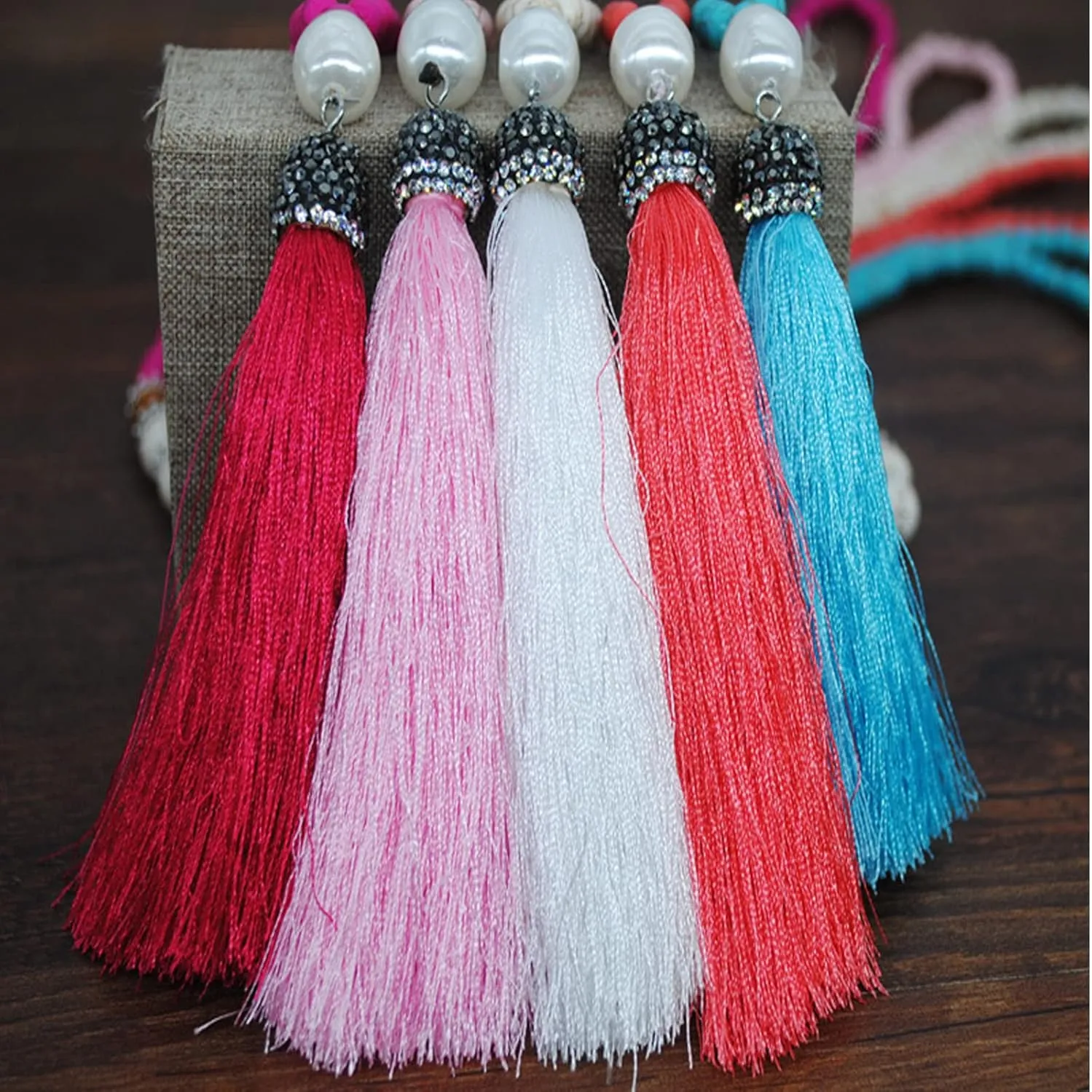 Handmade Multicolor Long Tassel Fringe Pendant Necklace Turquoise Pearl Crystal Mala Beads Link Chain Necklace for Women Ethnic Boho Prayer Jewelry