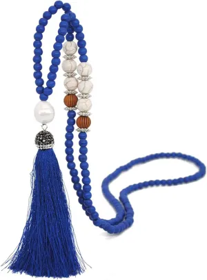 Handmade Multicolor Long Tassel Fringe Pendant Necklace Turquoise Pearl Crystal Mala Beads Link Chain Necklace for Women Ethnic Boho Prayer Jewelry