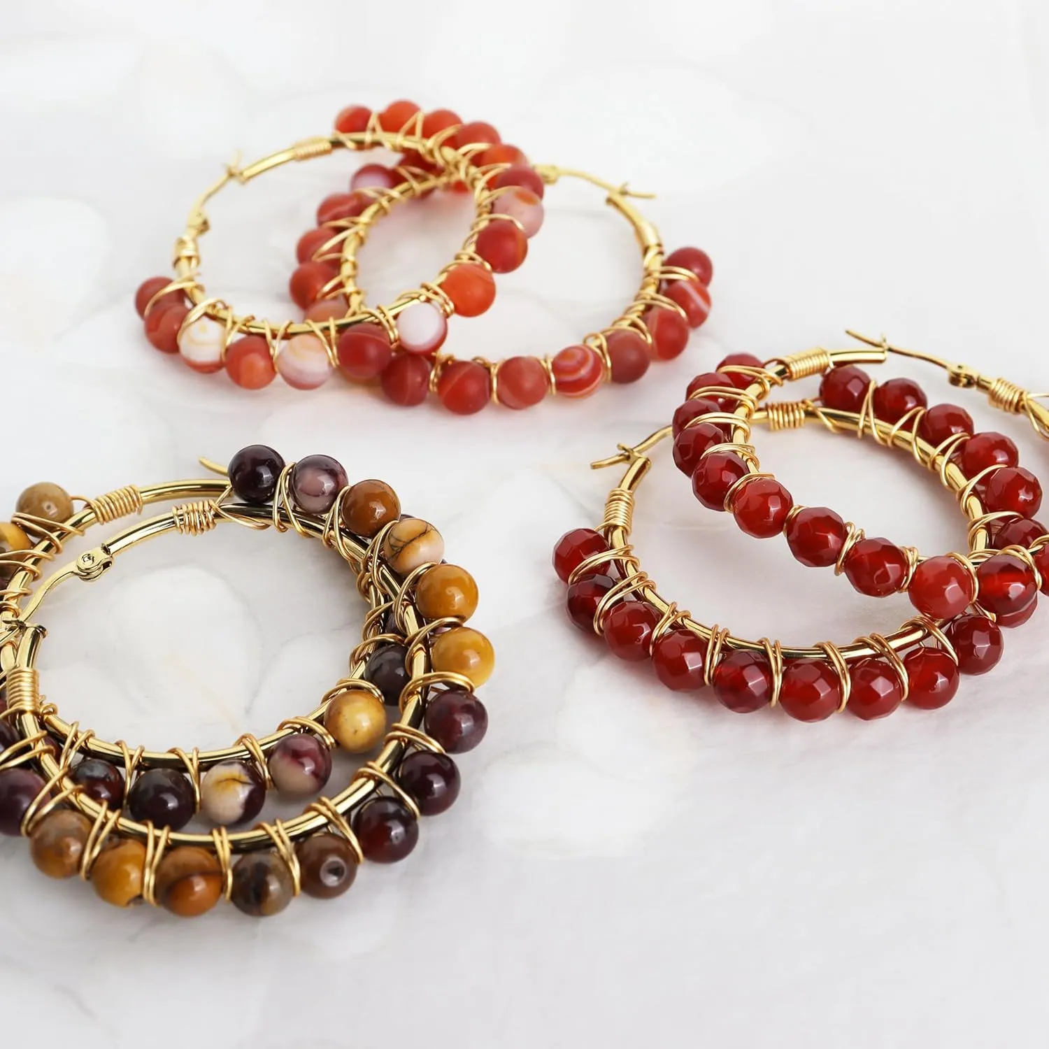 Handmade Natural Stone Beaded Large Gold Chunky Hoop Earrings for Women Girls, Statement Boho Crystal Gemstone Beads Huggie Earrings Hypoallergenic Prom Holiday Jewelry Gift