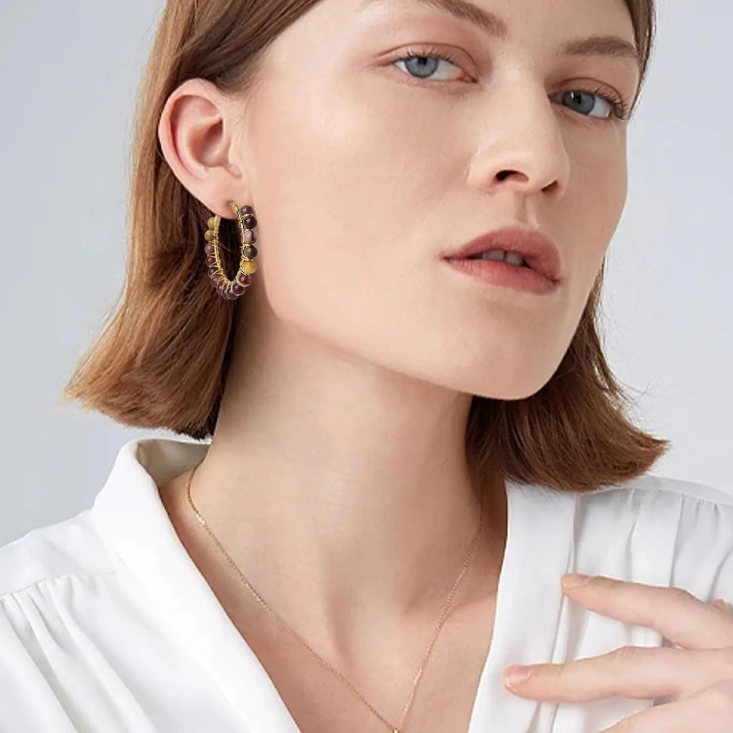 Handmade Natural Stone Beaded Large Gold Chunky Hoop Earrings for Women Girls, Statement Boho Crystal Gemstone Beads Huggie Earrings Hypoallergenic Prom Holiday Jewelry Gift