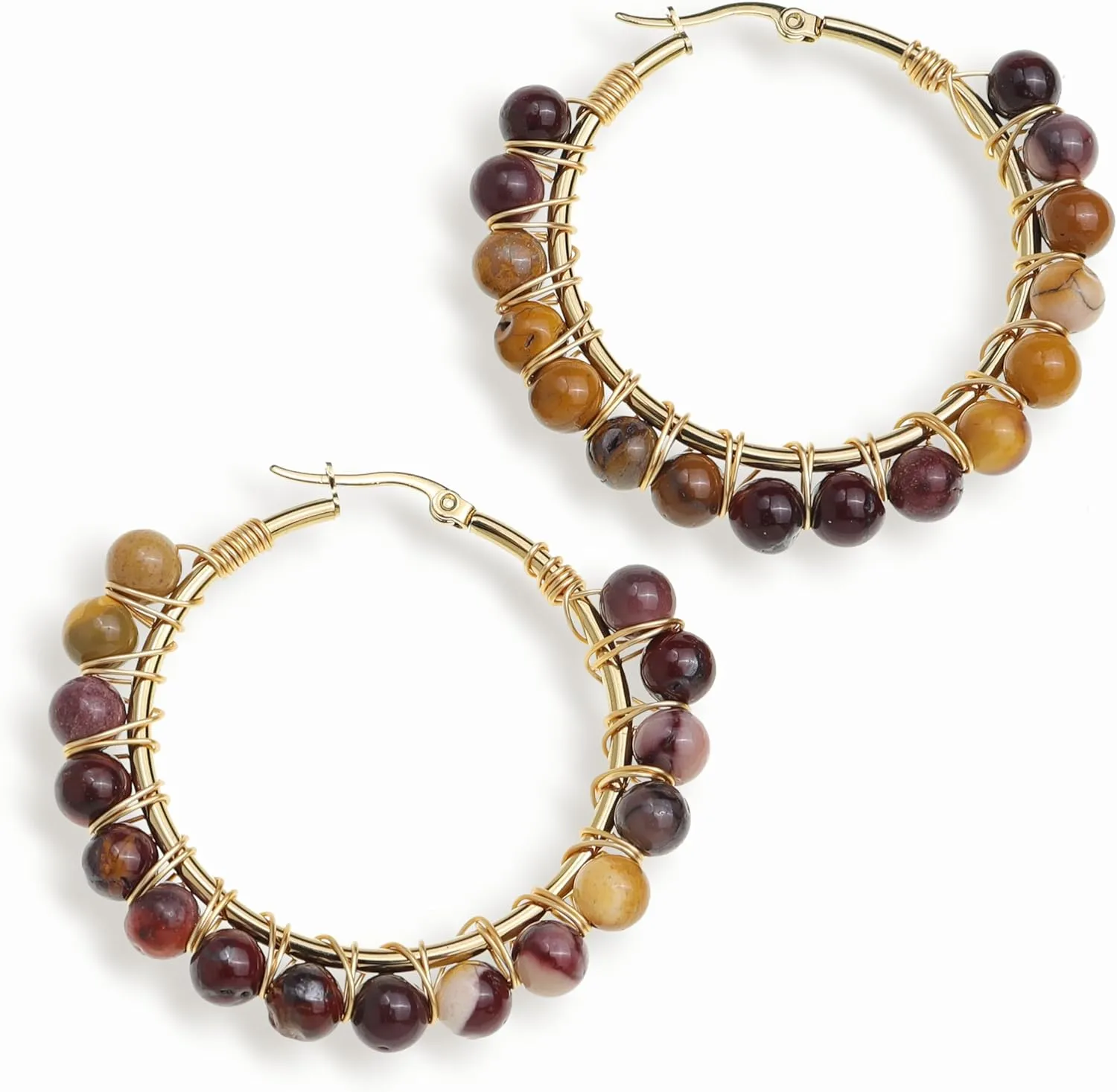 Handmade Natural Stone Beaded Large Gold Chunky Hoop Earrings for Women Girls, Statement Boho Crystal Gemstone Beads Huggie Earrings Hypoallergenic Prom Holiday Jewelry Gift